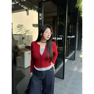 撞色高级感长袖 韩系复古显瘦修身 智性分子 针织上衣 大小姐