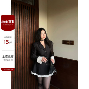 西装 御姐风黑色假两件长袖 连衣裙女秋 巴黎展讯 大小姐微胖大码