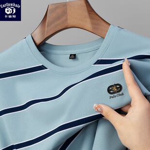 卡伦鲸保罗2025夏季新品男款t恤短袖青年圆领潮流条纹男士t恤长衣