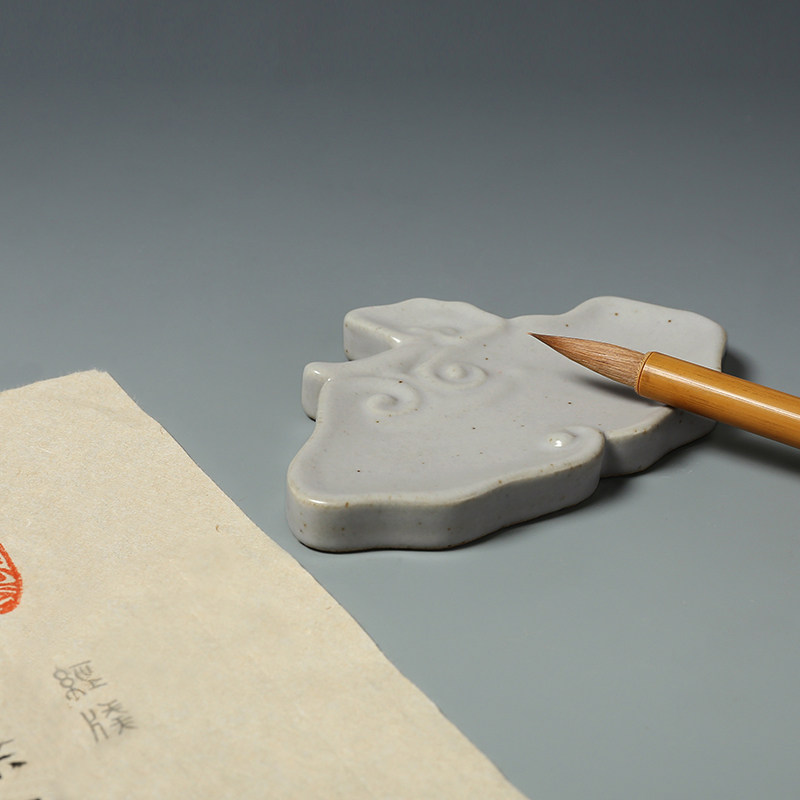 匠人素瓷  仿古素陶灵芝笔舔 小楷毛笔盛墨汁 文房笔舔