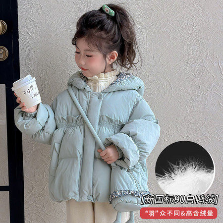 女童短款连帽加厚白鸭绒羽绒服