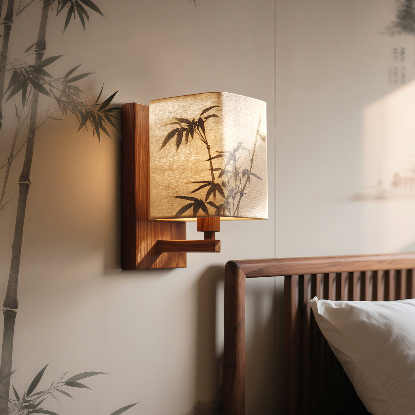 宋代美学东方文人竹叶绘画 画实木布艺壁灯卧室床头灯茶室会所气