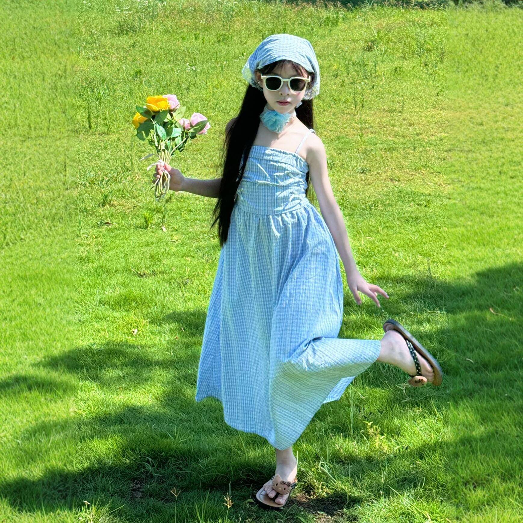 女童女连裙夏季新款儿秀仔故事童田园风长裙女格子衣孩吊带裙大童
