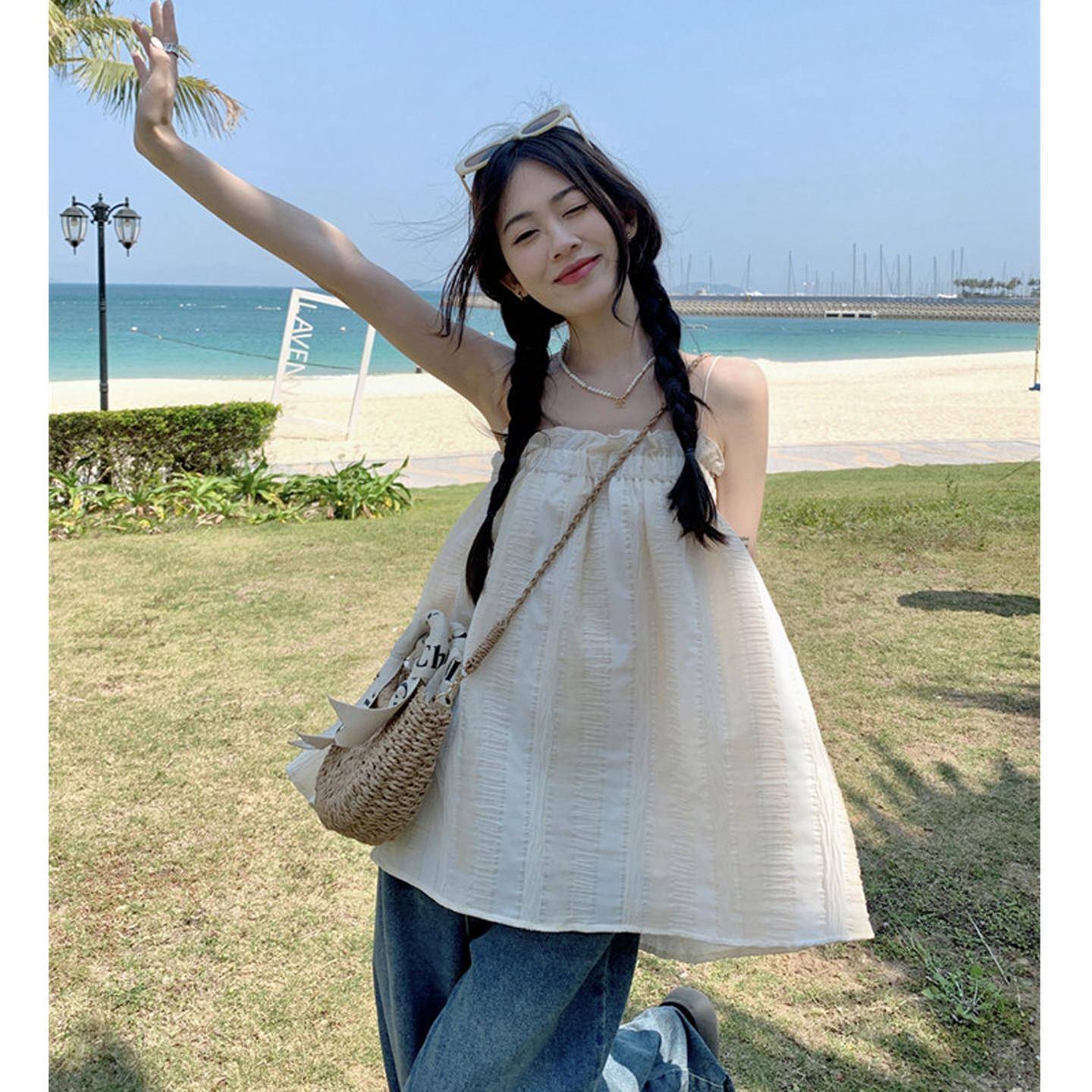 法吊式复古带心夏季设计感小众宽松短款背裙子娃娃LVH衫上衣连衣