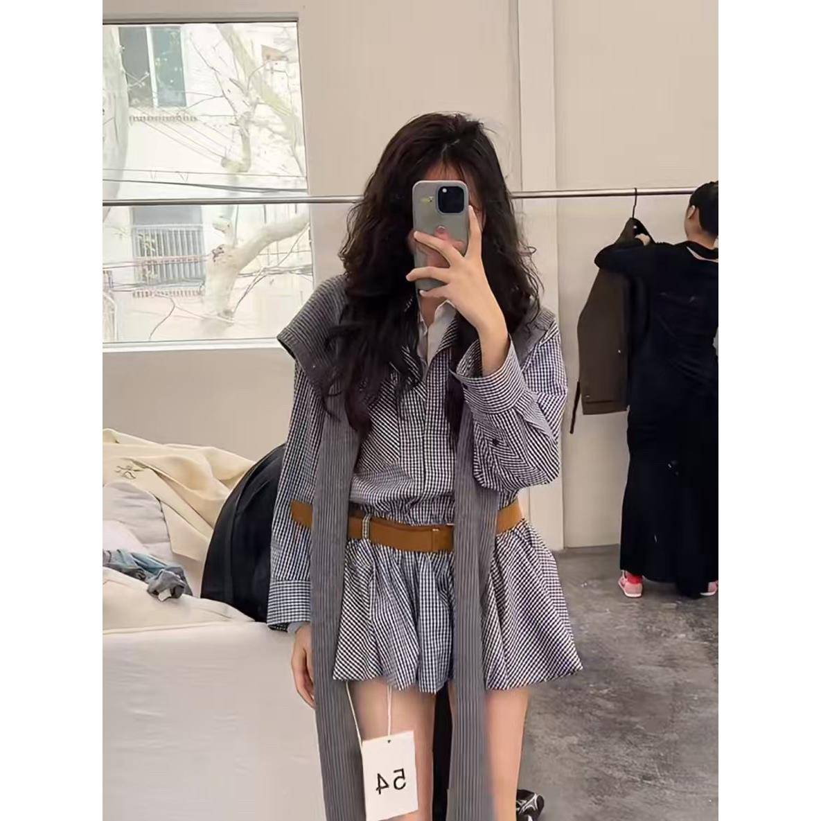 假件格子装衬衫收腰洋子两女新品细格纹双领长YWC 袖短裙子