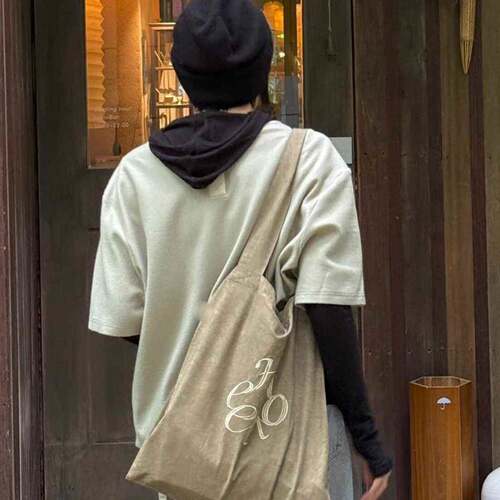 韩版绣字母双子包QXI搭双层刺复古帆布袋通勤百休闲大量容单肩托