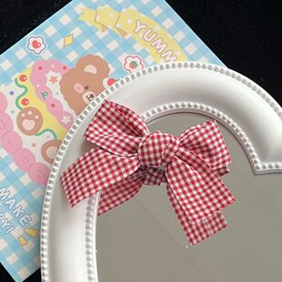 红色格子蝴蝶结发夹日系软妹布艺马尾鸭嘴夹可爱少女发饰学生边夹