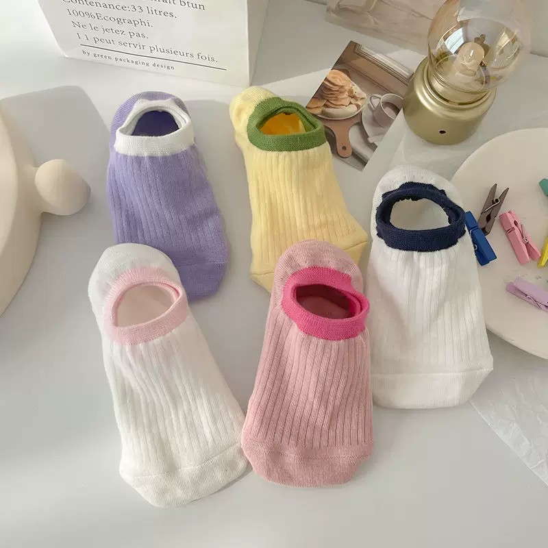 奶油竖条纹糖果色袜子女春夏薄款日系清新纯色简约拼色百搭船袜