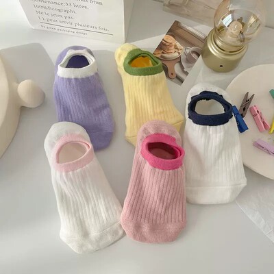奶油竖条纹糖果色袜子女春夏薄款日系清新纯色简约拼色百搭船袜