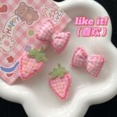 小巧刺绣草莓发夹 粉色少女蝴蝶结甜美侧边夹布艺头饰春季 发饰