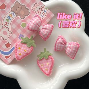 小巧刺绣草莓发夹~粉色少女蝴蝶结甜美侧边夹布艺头饰春季发饰