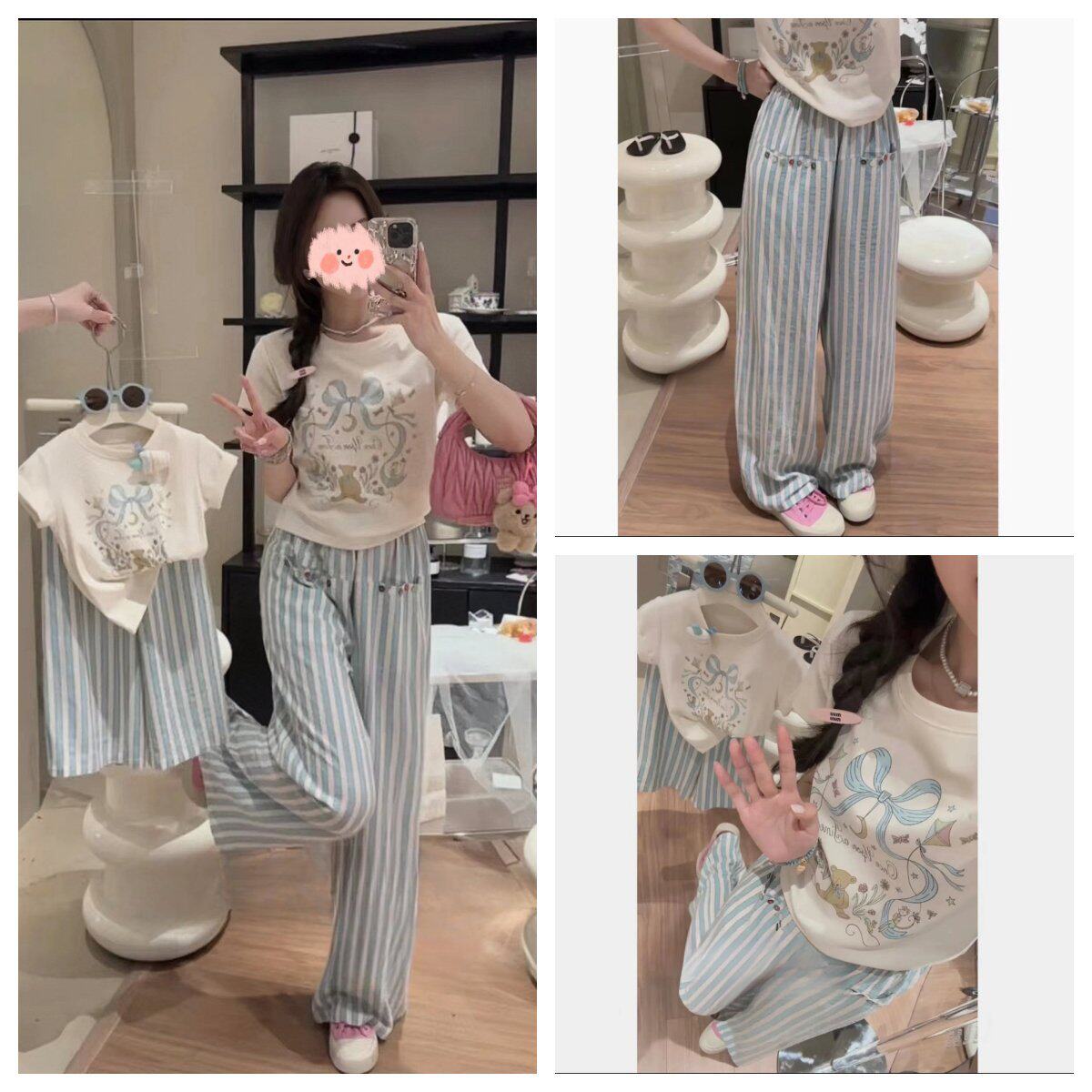 亲子装韩版新款2026夏季设计感蝴蝶结短袖条纹阔腿裤母女装童装潮