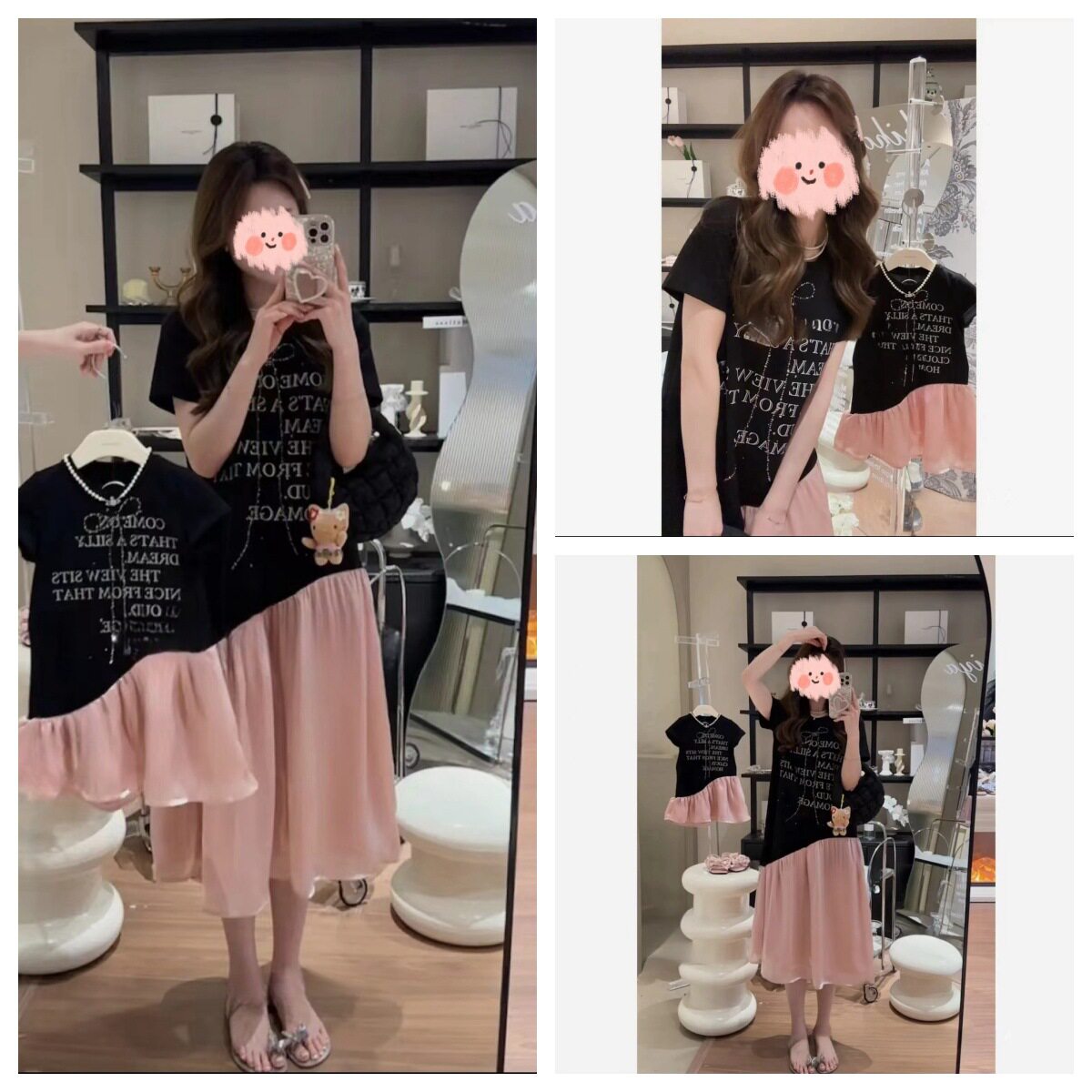 亲子装2026夏季新款拼色字母潮流宽松网红款韩版母女连衣裙度假风