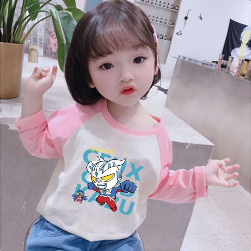 夏季女童奥特曼T恤卡通印花时尚女孩衣服纯棉男童粉色长袖薄款潮