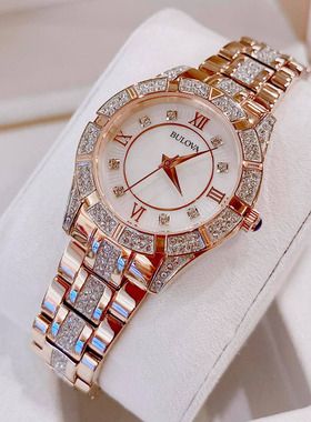 宝路华手表BULOVA镶钻玫瑰金罗马满天星贝母石英女腕表98L197