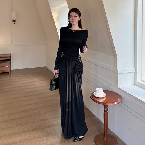 蕾丝拼接收腰长裙女气质