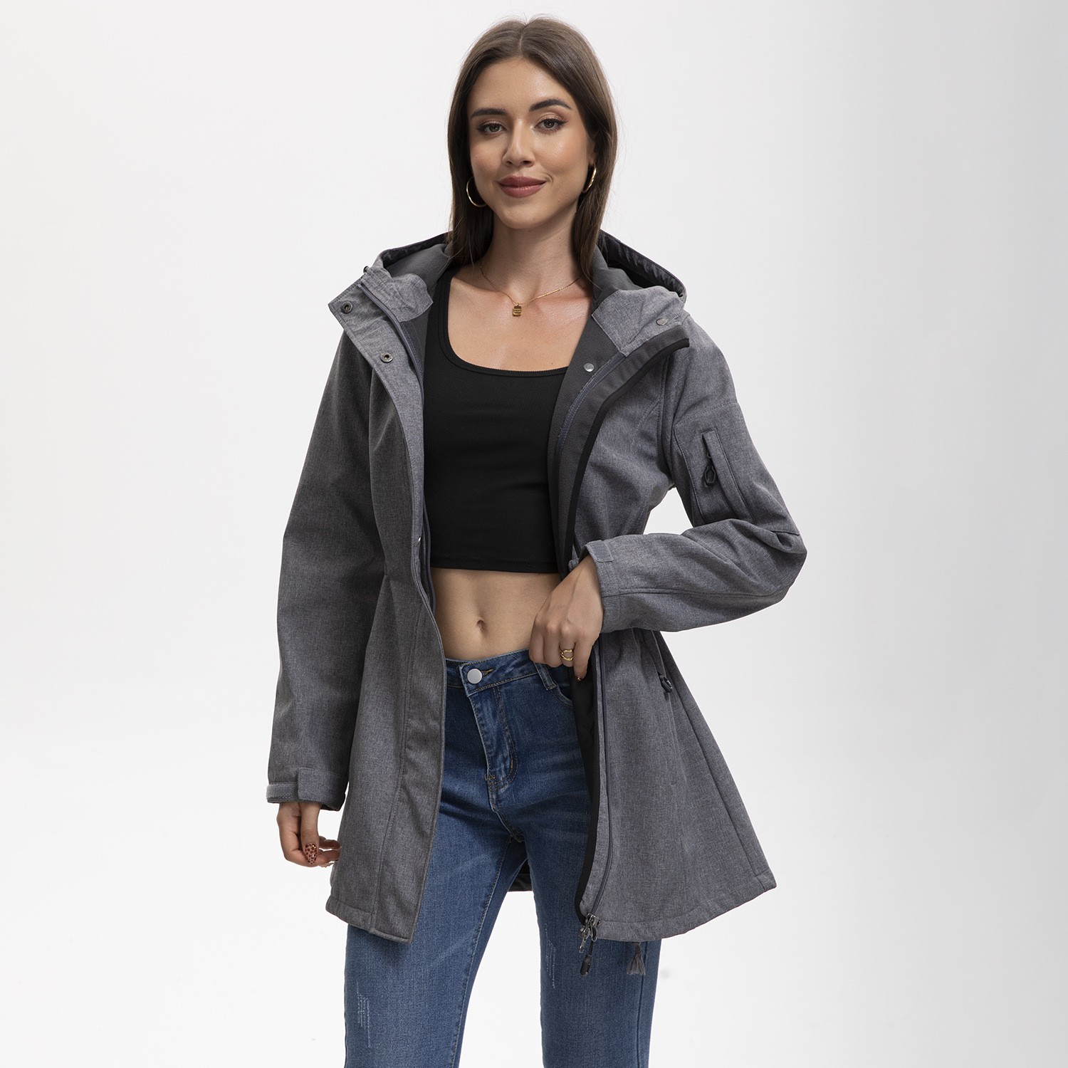 性感连帽多口袋加绒外套