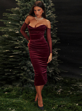 One shoulder suede pleated dress 一字肩绒面缩褶礼服连衣裙女