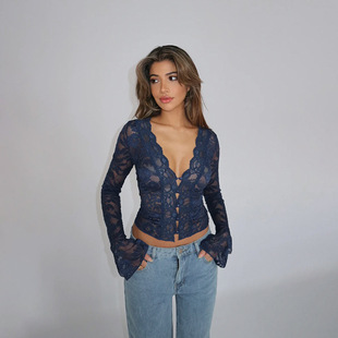 sleeved 上衣女 V领蕾丝长袖 修身 top long lace neck fit Slim