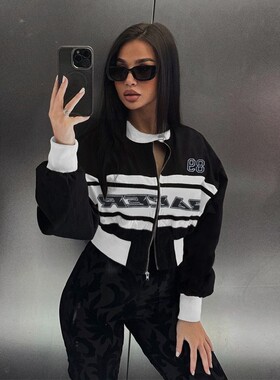 Printed long sleeved stand up collar jacket top印花夹克上衣