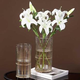 新品 轻奢风富贵竹水培花瓶金属透明玻璃大口径插花器皿桌面样板间