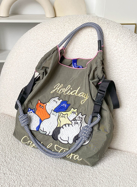 日系自制ball chain刺绣购物袋卡通环保袋大容量单肩包斜跨手提包