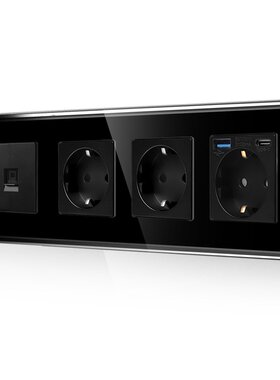 黑色三联德插带CAT6/USB/Type-C功能插口欧式插座德式插座带接地