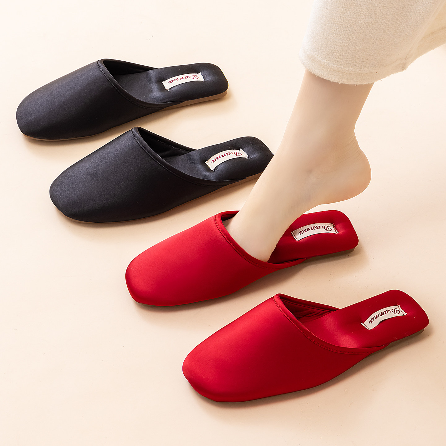 情侣居家拖鞋喜庆结婚拖鞋高级感缎面轻奢法式包头舒适地板鞋防滑