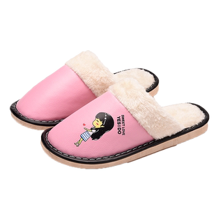 皮棉拖鞋可爱卡通情侣男女防水毛绒保暖冬季棉拖鞋厚底防滑室内