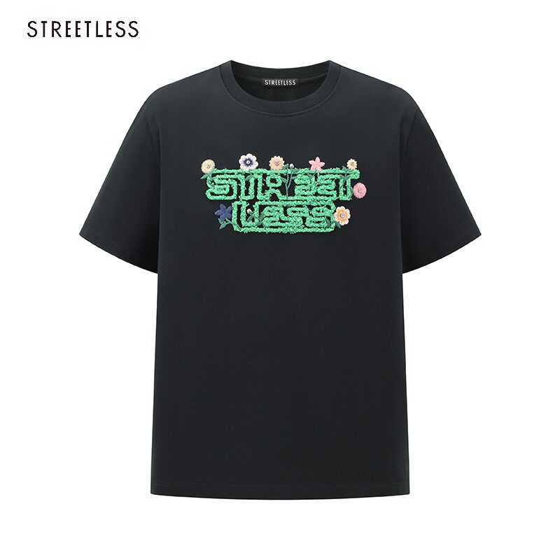 STREETLESS花坛刺绣烫钻短纯色宽松短袖T恤潮流百搭上衣男女同款