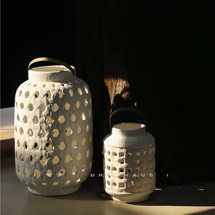 侘寂复古风镂空陶瓷花瓶风灯民宿样板间售楼处软装 插花器饰品摆件