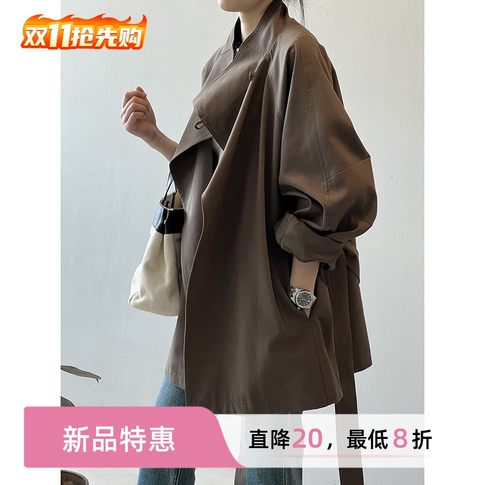 新款法式复古经典气质中款风衣短外套女秋季宽松廓形收腰立领上衣