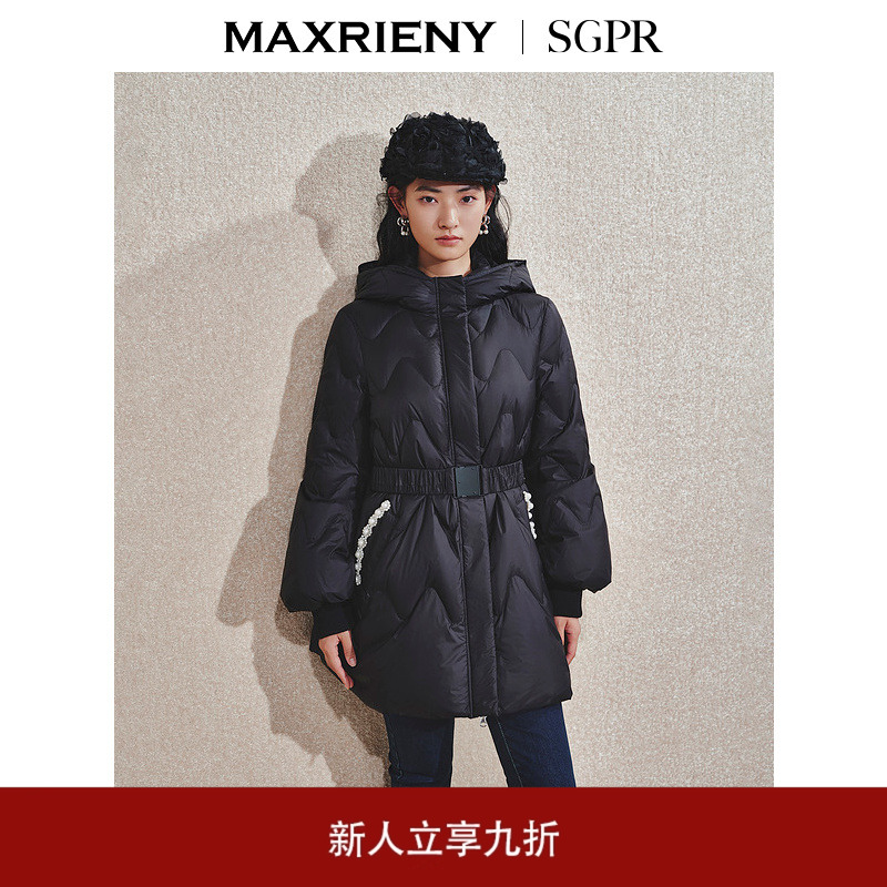 MAXRIENY钉珠织带收腰羽绒服保暖外套中长款