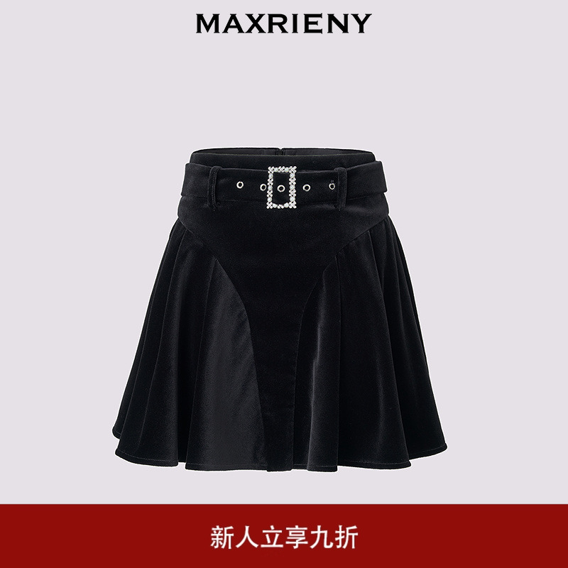 MAXRIENY法式复古半裙高腰丝绒短裙a字压褶伞裙