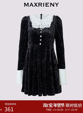 MAXRIENY蕾丝拼接黑色丝绒连衣裙