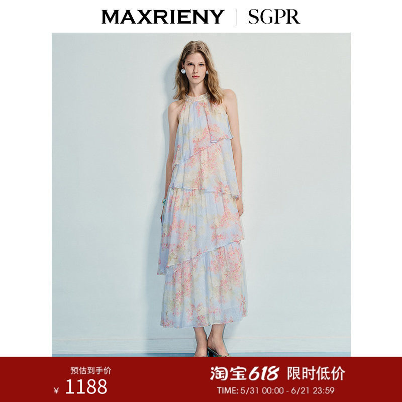 【SGPR】精致度假风印花收腰挂脖连衣裙25夏款优雅长裙仙女裙
