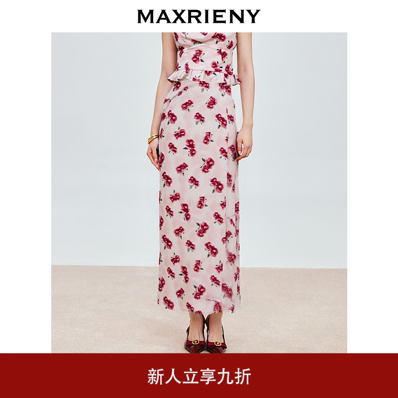 MAXRIENY精致复古风玫瑰印花缎面半身裙25秋款高腰开叉h型中长裙