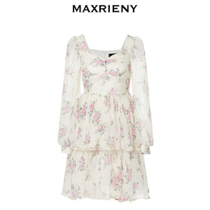 MAXRIENY复古真丝碎花连衣裙桑蚕丝裙子
