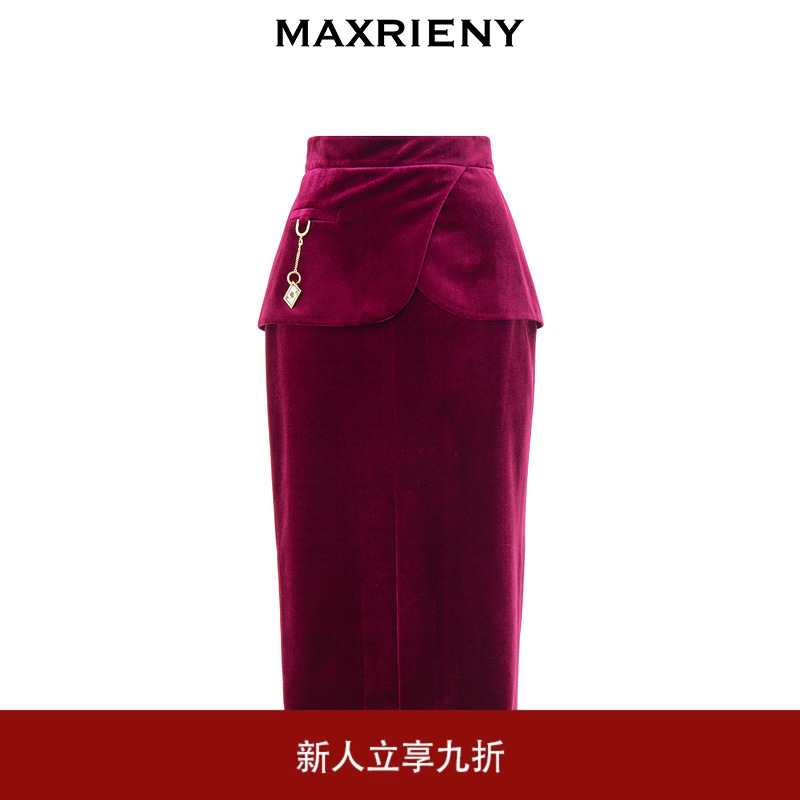 MAXRIENY深红色灯芯绒高腰包臀裙秋装丝绒半身裙