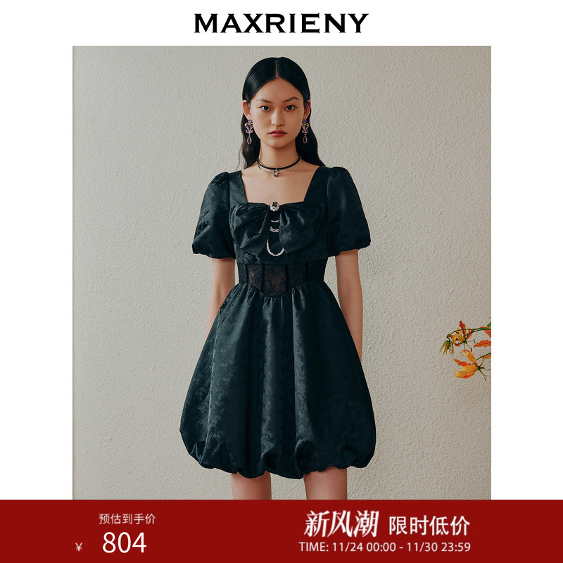 MAXRIENY蕾丝花苞连衣裙夏日泡泡袖小黑莓裙