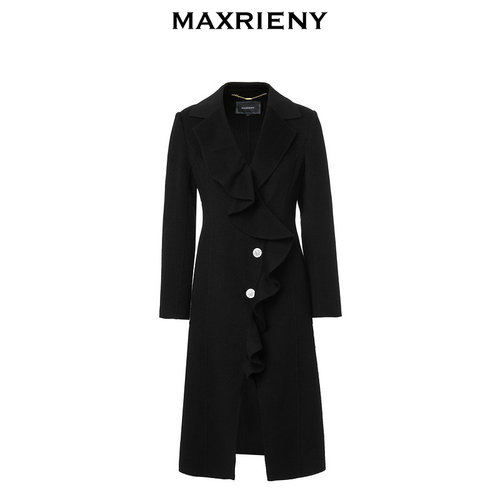 MAXRIENY星钻大衣款荷叶边翻领双面呢羊毛外套