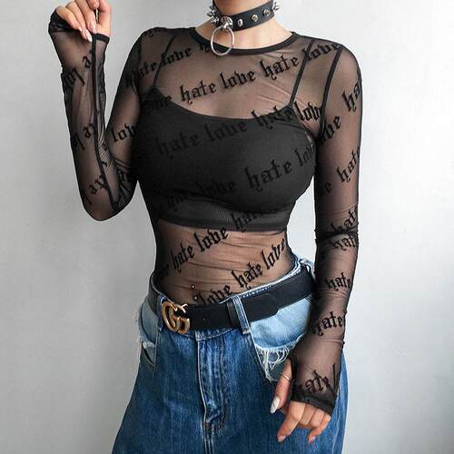 Sexy Women Mesh T-Shirts See-Through Perspective Tshirt Lett