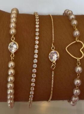 Bracelet set 4 pieces镶嵌水钻镂空桃心手錬珍珠满钻手錬套装4件
