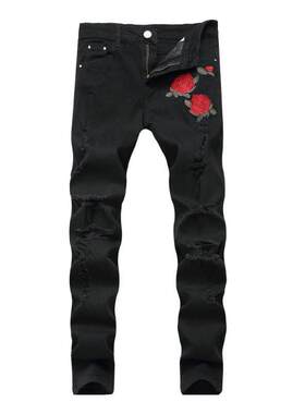 Men Rose Embroidered Ripped Jeans 男士玫瑰花刺绣修身牛仔裤