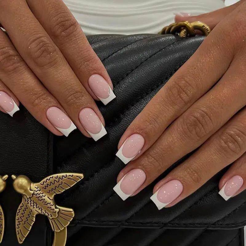 24Pc French Gradient Shinny Lines Short Coffin False Nails W - 实物图