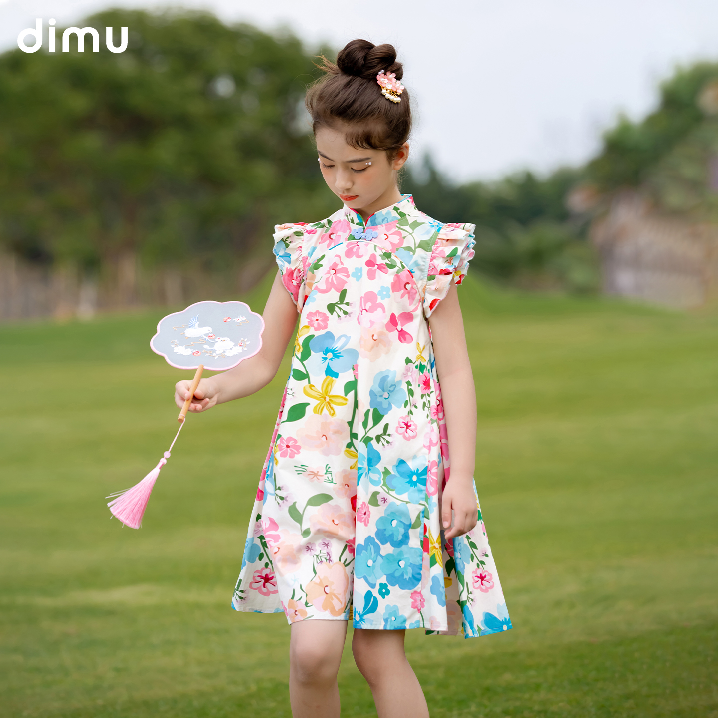笛牧女童连衣裙2025夏季新款洋气新中式旗袍印花纯棉女孩儿童裙子