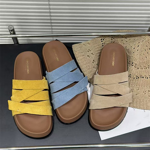 多巴胺风厚底勃肯一字拖鞋 女2025夏季 新款 外穿真皮海边沙滩凉拖鞋