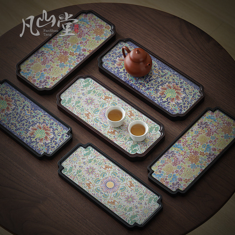 中式珐琅彩竹制茶托盘复古家用茶盘简约茶室茶壶收纳盘小型干泡台