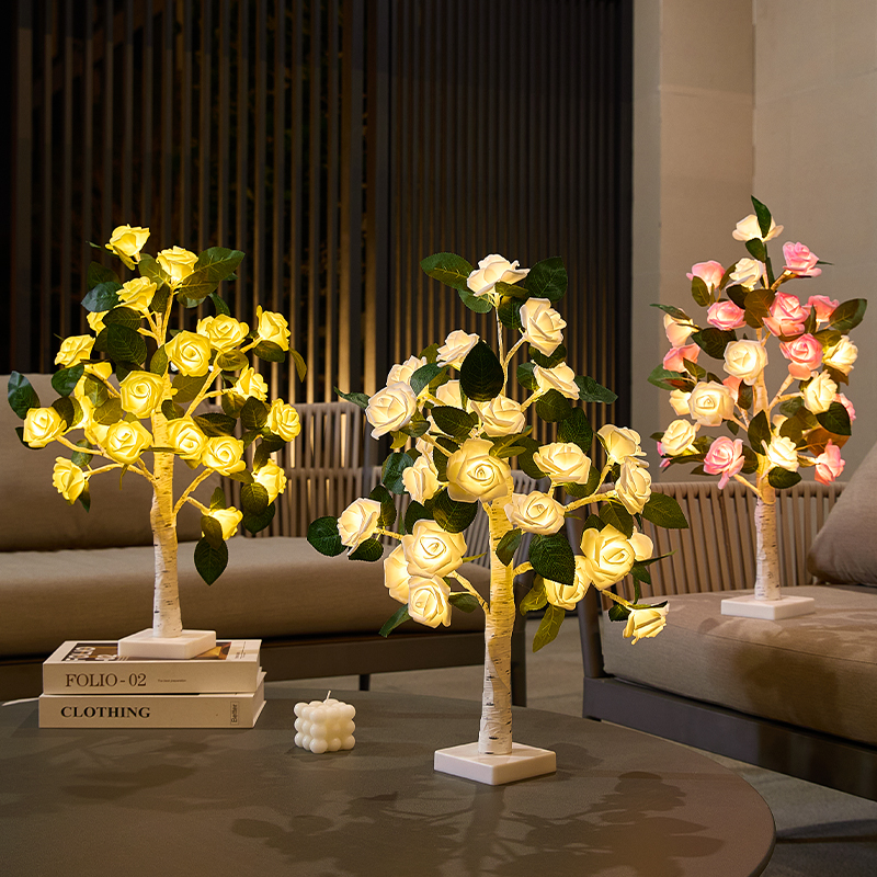 led发光玫瑰花树小夜灯氛围灯高级感床头灯房间浪漫桌摆件露营灯
