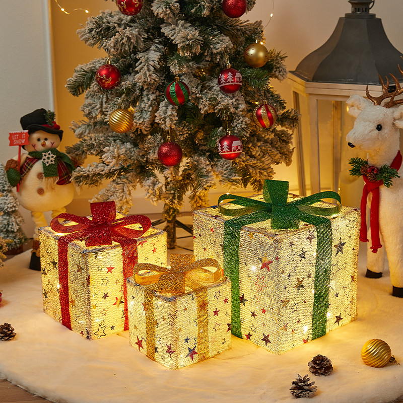 圣诞礼品氛围场景布置礼盒led发光装饰摆件造景大型彩灯盒子金属
